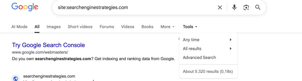checking page indexing via Google search bar