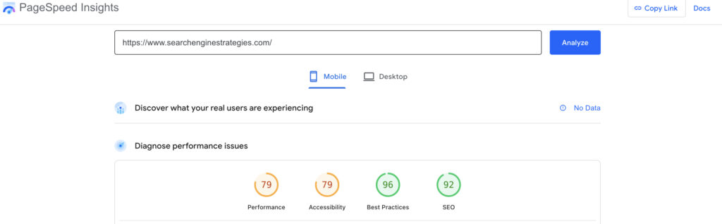 Checking page speed via Google's PageSpeed Insights tool